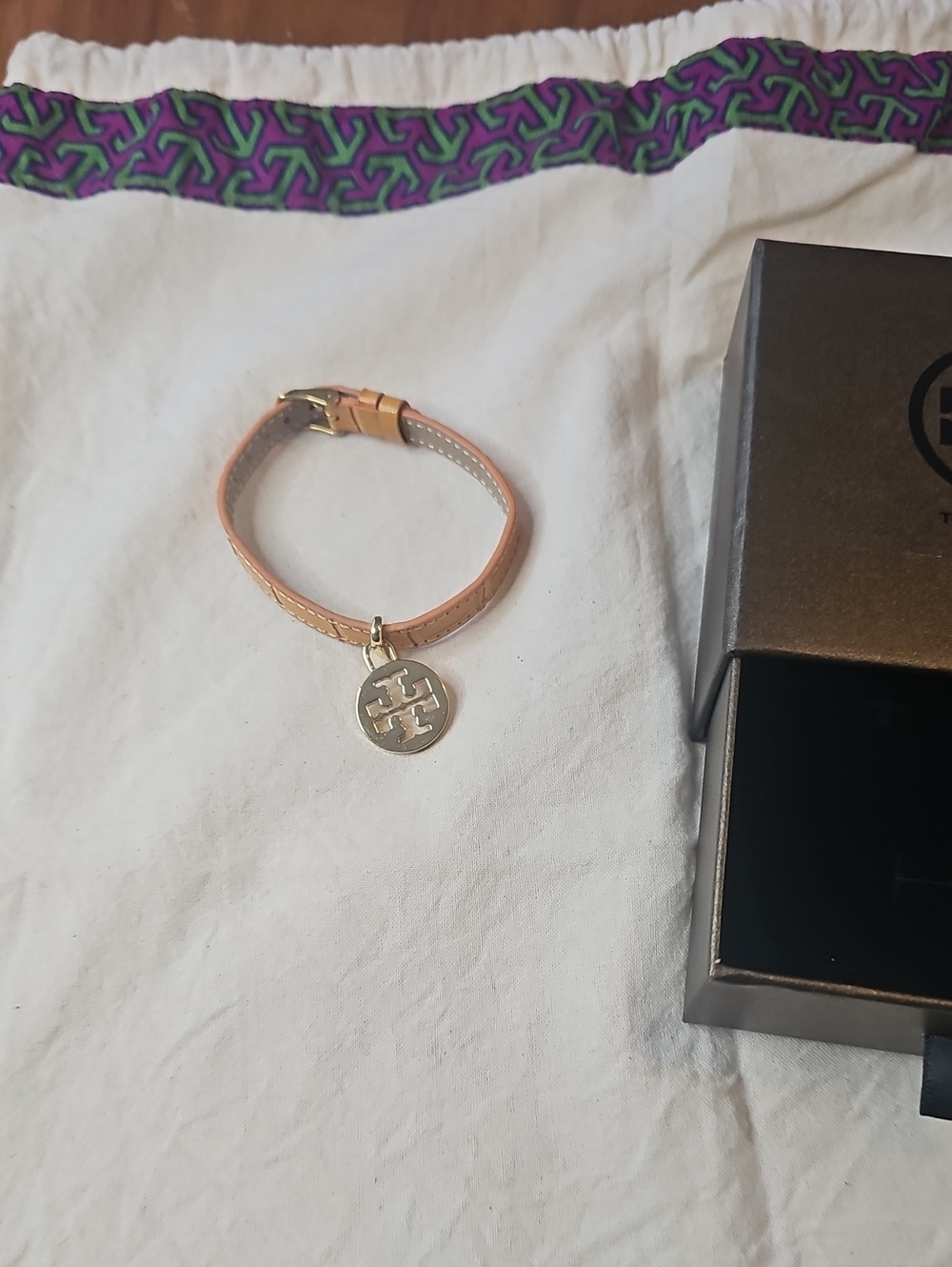 Tory Burch Dust Bag With Light Brown Leather Bracelet with Gold Logo Charm